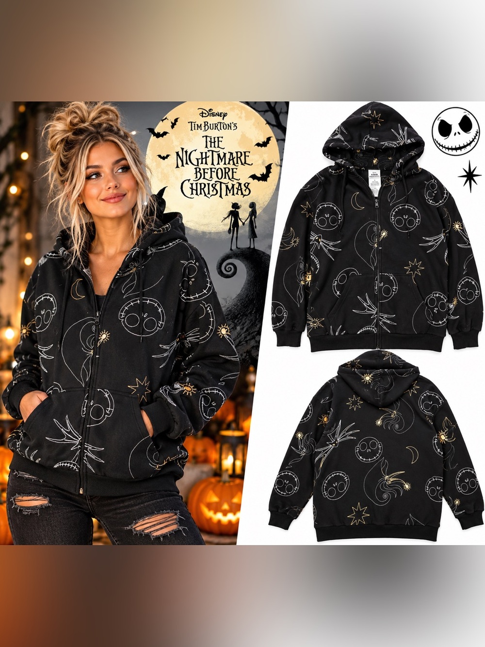 Disney Nightmare Before Christmas Jack Skellington Zip Hoodie S NWOT